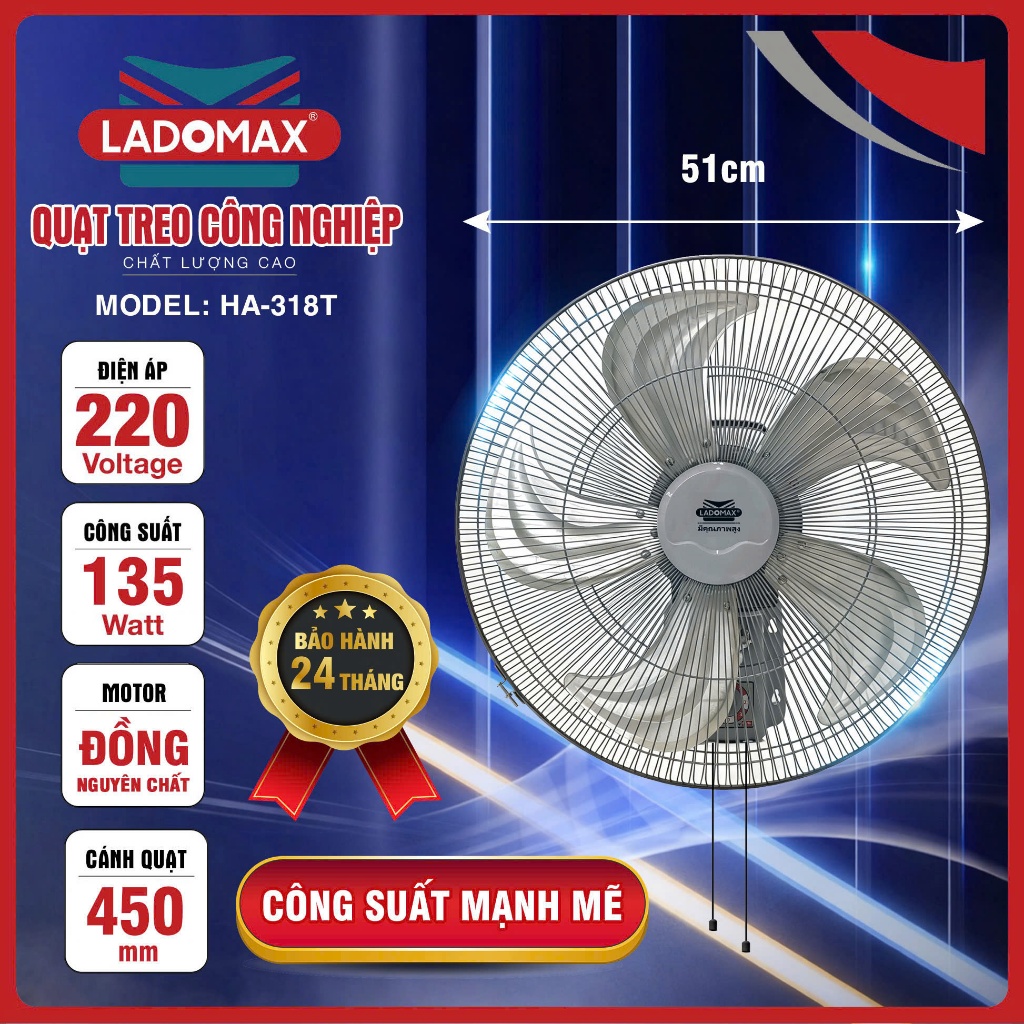 Quạt Treo Công Nghiệp LADOMAX 135W ANNAZONE - Motor 100% Lõi Đồng, Gió Cực Mạnh, Tiết Kiệm Không Gian - Bảo Hành 24 Thán
