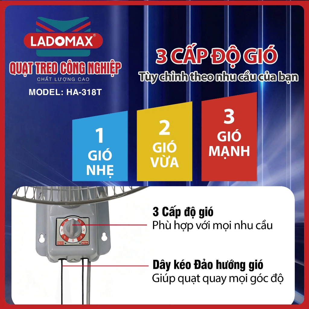 Quạt Treo Công Nghiệp LADOMAX 135W ANNAZONE - Motor 100% Lõi Đồng, Gió Cực Mạnh, Tiết Kiệm Không Gian - Bảo Hành 24 Thán