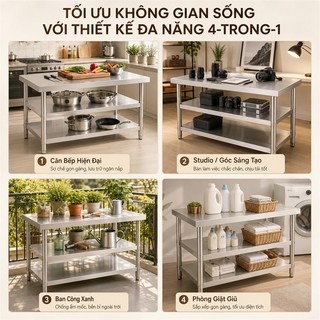 LOADNIX Bàn Inox Nhà Bếp 1/2/3 Tầng Có Thanh Chống Đỡ Cường Cường Bàn Làm Việc Chịu Lực Tốt Chống Gỉ Sét Dễ Vệ Sin