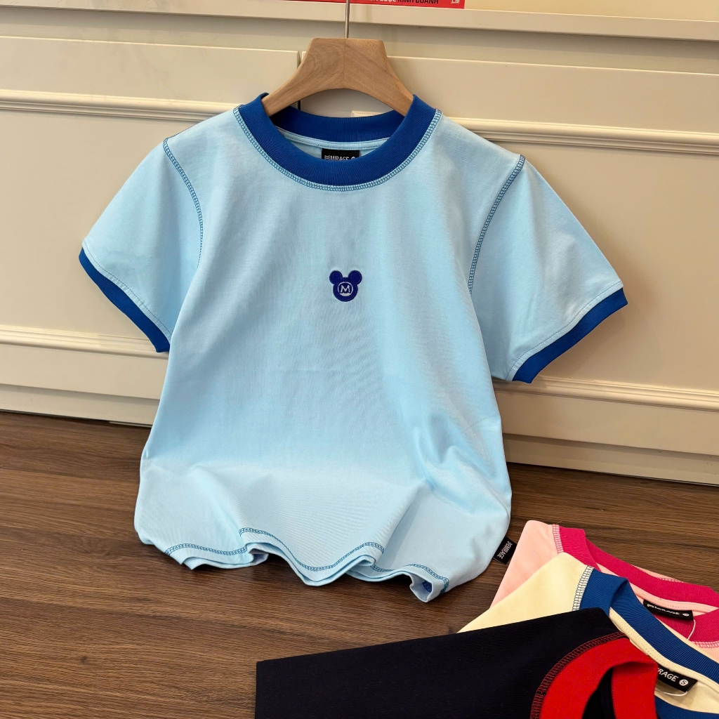 Áo Thun Phối Viền Màu Logo Chuột Thêu Xinh Yêu, Chất Cotton Mềm Mịn, Có Kèm Hình Thật.