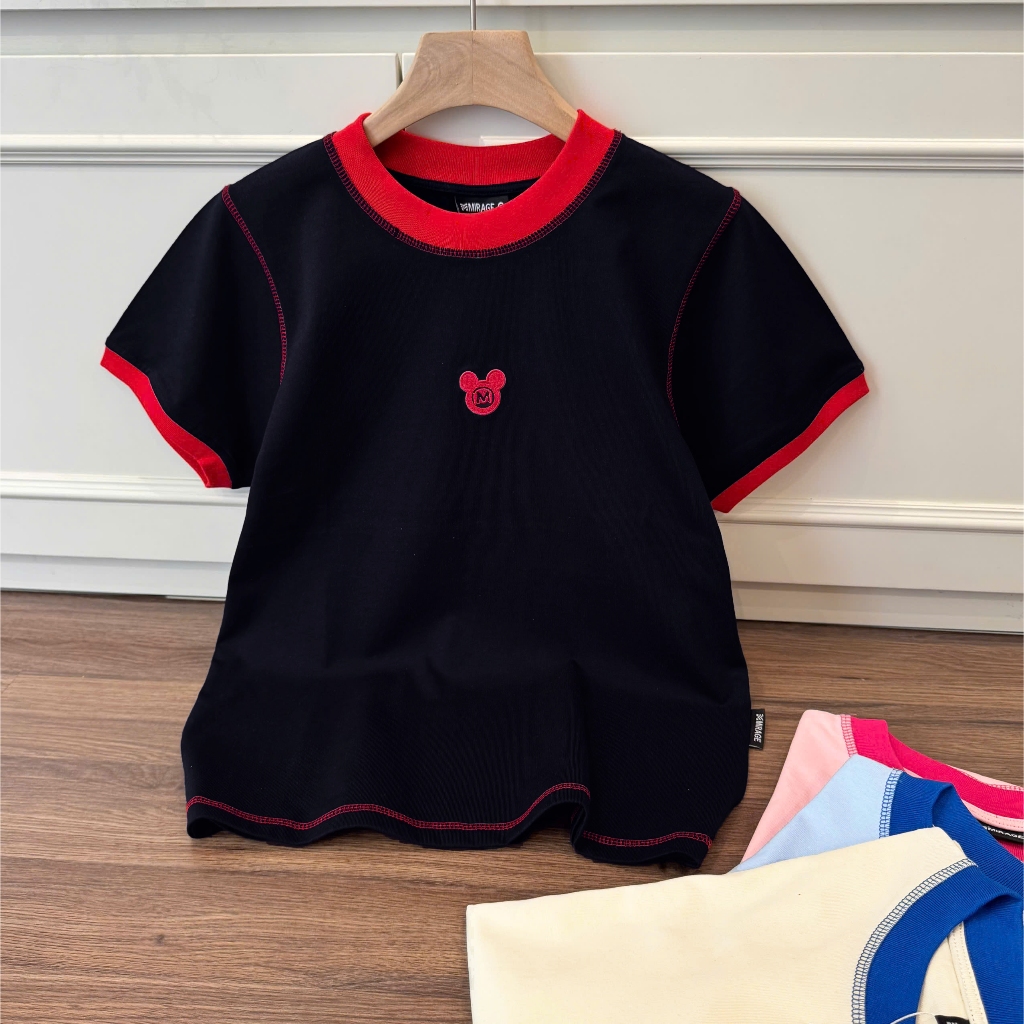 Áo Thun Phối Viền Màu Logo Chuột Thêu Xinh Yêu, Chất Cotton Mềm Mịn, Có Kèm Hình Thật.