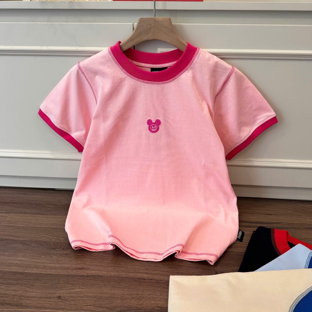 Áo Thun Phối Viền Màu Logo Chuột Thêu Xinh Yêu, Chất Cotton Mềm Mịn, Có Kèm Hình Thật.