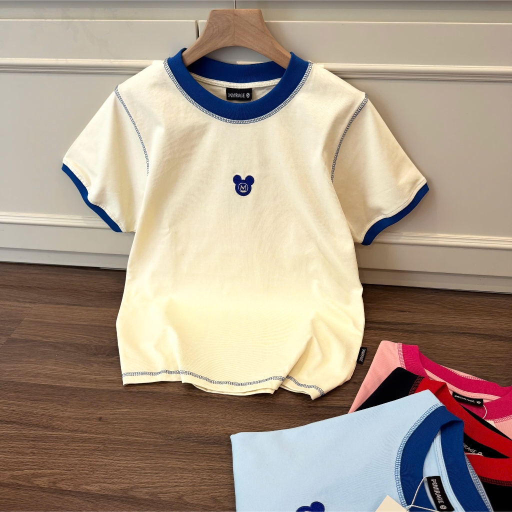 Áo Thun Phối Viền Màu Logo Chuột Thêu Xinh Yêu, Chất Cotton Mềm Mịn, Có Kèm Hình Thật.