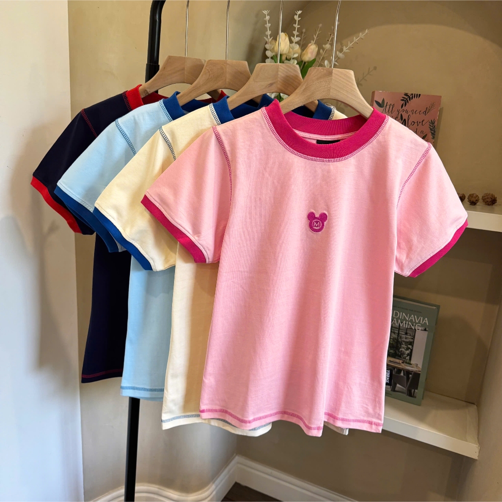 Áo Thun Phối Viền Màu Logo Chuột Thêu Xinh Yêu, Chất Cotton Mềm Mịn, Có Kèm Hình Thật.