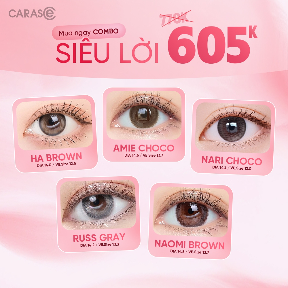 Combo 5 Cặp Kính Áp Tròng 1 Ngày CARASE, Lens Cận Ha Brown/Amie Choco/Nari Choco/Russ Gray/Naomi Brown - 5 cặp