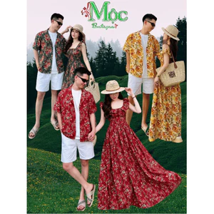 Đầm váy dài, Đầm xoè Lụa Hoa bèo vai có mút kèm sơ mi set cặp couple nam nữ mùa hè đồ dôi (QC)