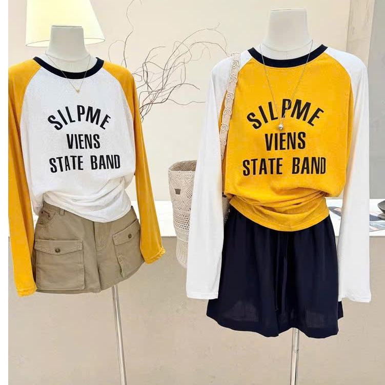 Màu mới - Áo dài tay nữ phối màu tương phản in hình vải thun giấy menina_studio, áo dài tay nữ form rộng cá tính