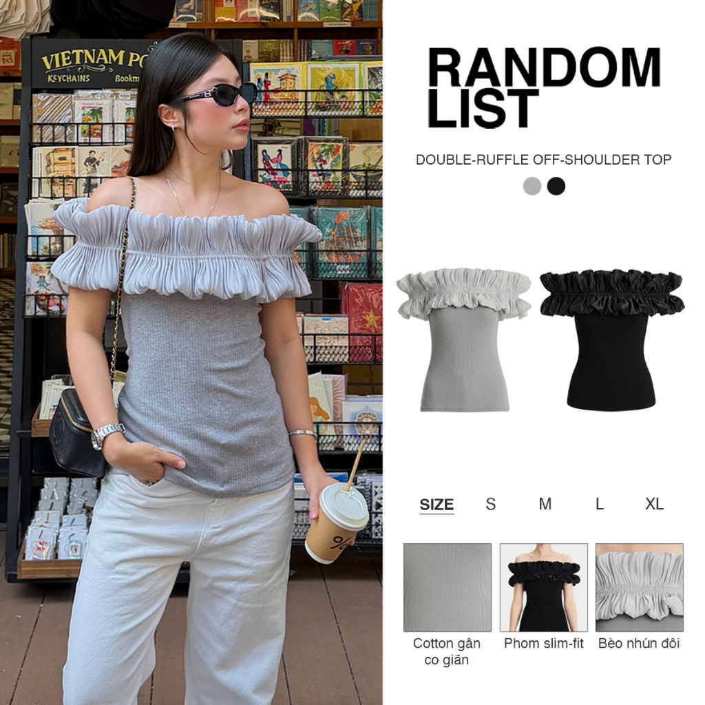 RANDOMLIST - Áo trễ vai phối bèo nhún phom ôm co giãn tôn dáng - Double Ruffle Off Shoulder Top