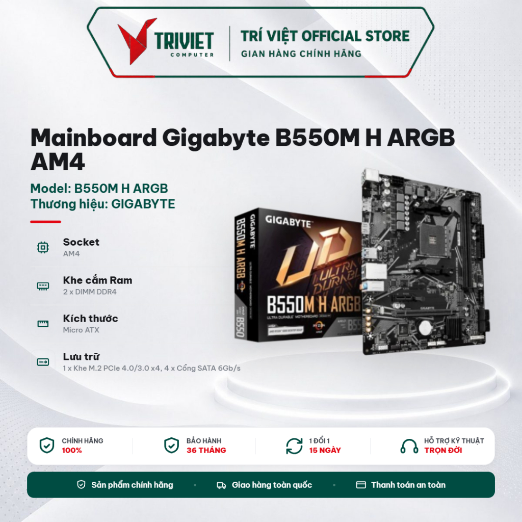 Mainboard Gigabyte B550M H ARGB AM4 Hỗ Trợ Ryzen 3000 5000 DDR4 PCIe 4.0 M.2 NVMe RGB - Bo Mạch Chủ