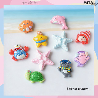 Bộ 10 Sticker, Charm 3D chủ đề Cua sò biển nhựa cứng gắn Dép Sục, Cá sấu Mita JB-462