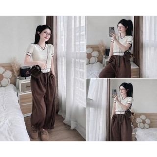 Set Bộ Nữ Vintage Áo Len Dệt Kim Tay Ngắn Phối Quần Baggy Bo Gấu, Set Hàn Quốc Tiểu Thư Hot Trend