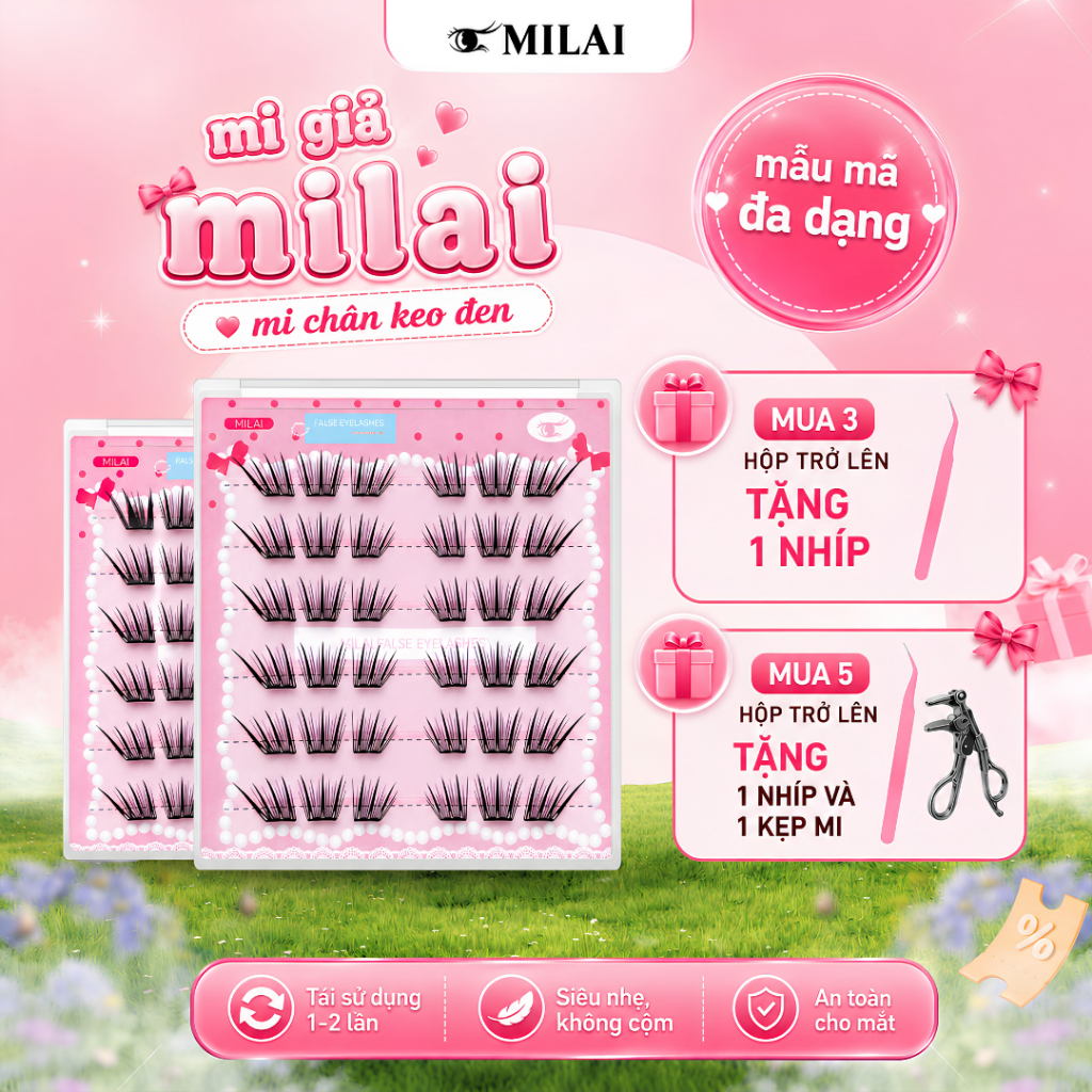 Mi giả sẵn keo MILAI đa dạng kiểu dáng | Mua 3 hộp tặng nhíp, mua 5 hộp tặng nhíp và kẹp mi