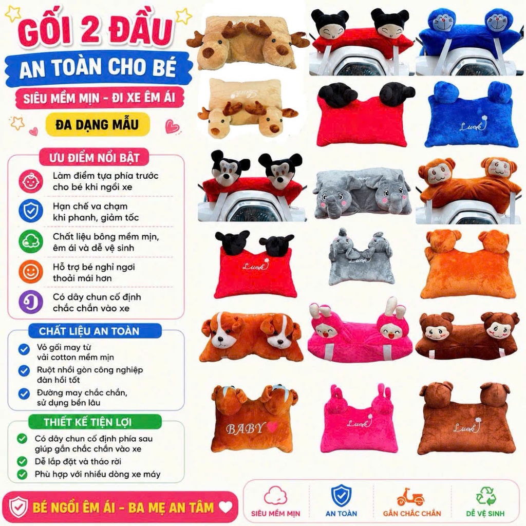 [ 2 ĐẦU ] GỐI 2 ĐẦU AN TOÀN , SIÊU MỀM MỊN ĐI XE CHO BÉ , ĐA DẠNG MẪU