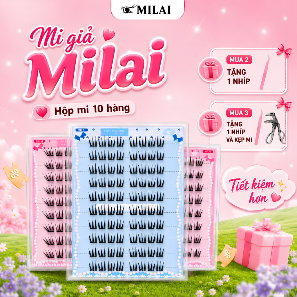 Mi giả sẵn keo MILAI 10 hàng mi, đa dạng kiểu dáng | Mua 2 hộp tặng nhíp, mua 3 hộp tặng nhíp & kẹp mi