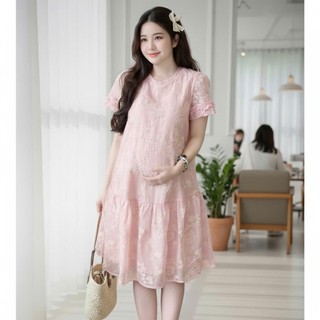 Váy bầu đuôi cá tay bèo ViBa [VB96] vải ren sang trọng mặc đi chơi đi làm 2 màu hồng kem