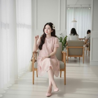 Váy bầu đuôi cá tay bèo ViBa [VB96] vải ren sang trọng mặc đi chơi đi làm 2 màu hồng kem