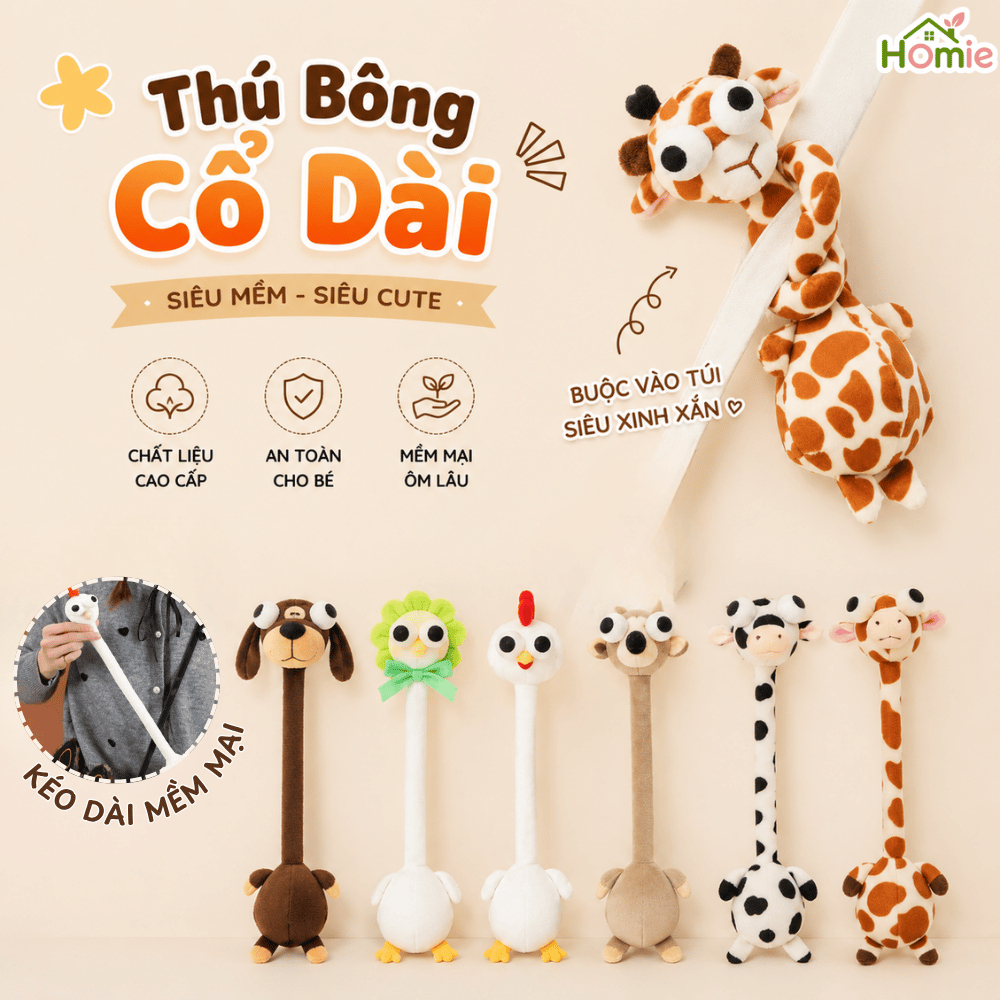 Đồ Chơi Thú Bông Cổ Dài Ngộ Nghĩnh 40CM Co Giãn HOMIE, Gấu Cổ Dài Xả Stress, Charm Balo, Túi Xách