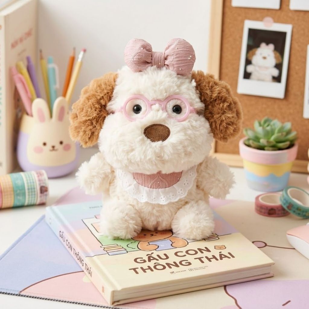 Chó Bông Đeo Kính Hồng Thắt Nơ Cute, Gấu Bông Cún Con Tai Nâu Lông Xù Cao Cấp Thú Nhồi Bông Mini Đáng Yêu