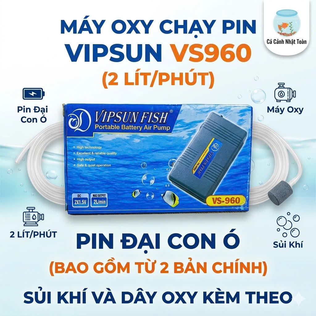 Máy Tạo Oxy Bằng Pin Cho Bể Cá Cảnh VS 960 Vipsun (Tặng kèm dây và sủi oxy)
