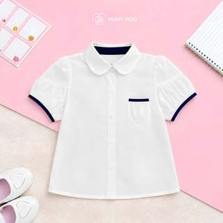 [Combo TIẾT KIỆM] Áo sơ mi trắng cổ sen tay bồng mềm mát và quần baggy xanh than HUMY NGO đồng phục cho bé gái 11-48kg