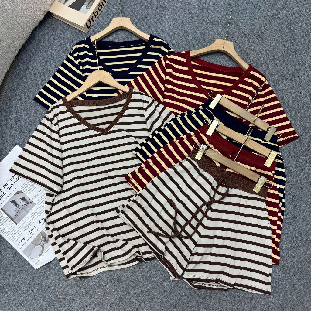 Set Bộ Bigsize Nữ Kẻ Sọc Đen Trắng Cổ Tim, Áo Thun Tay Ngắn Quần Short Thun Mát Từ 50-92kg
