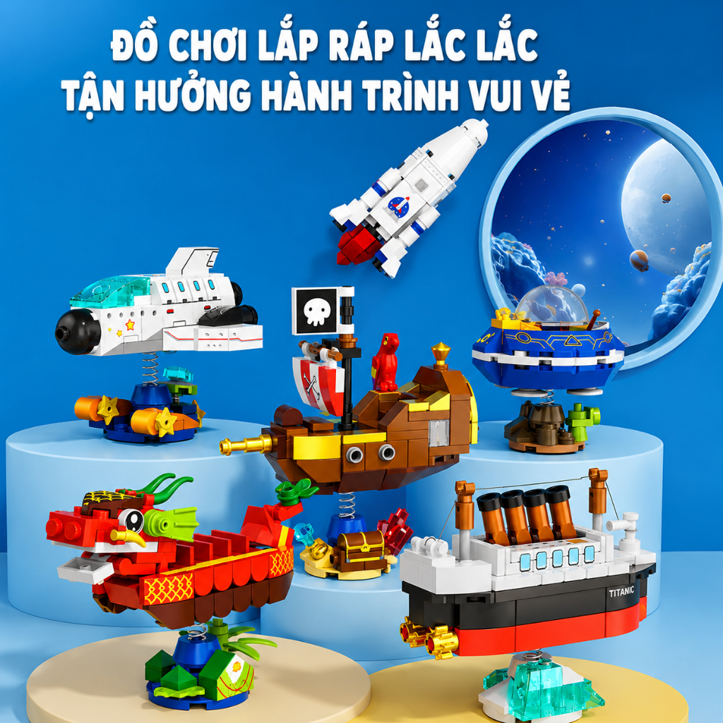 Đồ Chơi Xếp Hình Tàu Hải Tặc Tàu Vũ Trụ UFO Tàu Titanic Bộ Lắp Ráp Lò Xo Lắc Lư Nhiều Mẫu Cho Bé