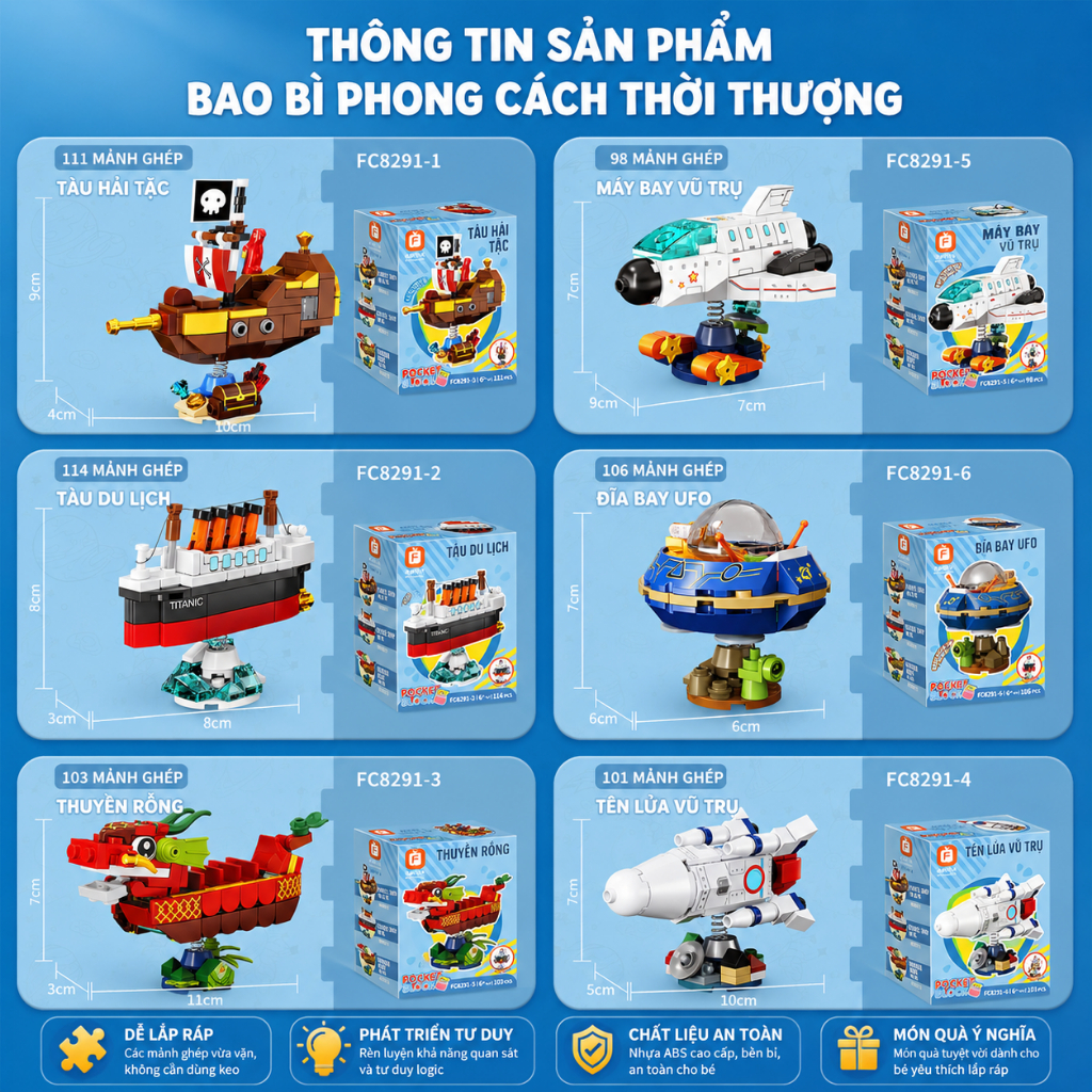Đồ Chơi Xếp Hình Tàu Hải Tặc Tàu Vũ Trụ UFO Tàu Titanic Bộ Lắp Ráp Lò Xo Lắc Lư Nhiều Mẫu Cho Bé