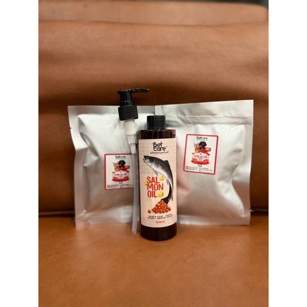 C1_Combo 1 Chai Dầu Cá Hồi 300ml + 2 Gói Ruốc Cá Hồi 100gr Cho Chó