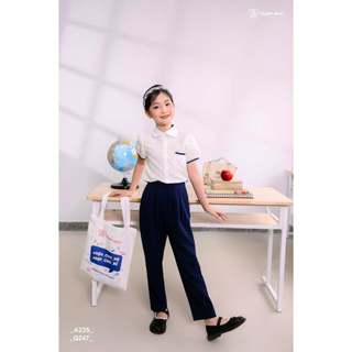 [HÀNG MỚI VỀ] Bộ quần áo đi học bé gái HUMY NGO_Áo sơ mi trắng cổ sen cotton phối quần baggy xanh đen lưng thun co dãn