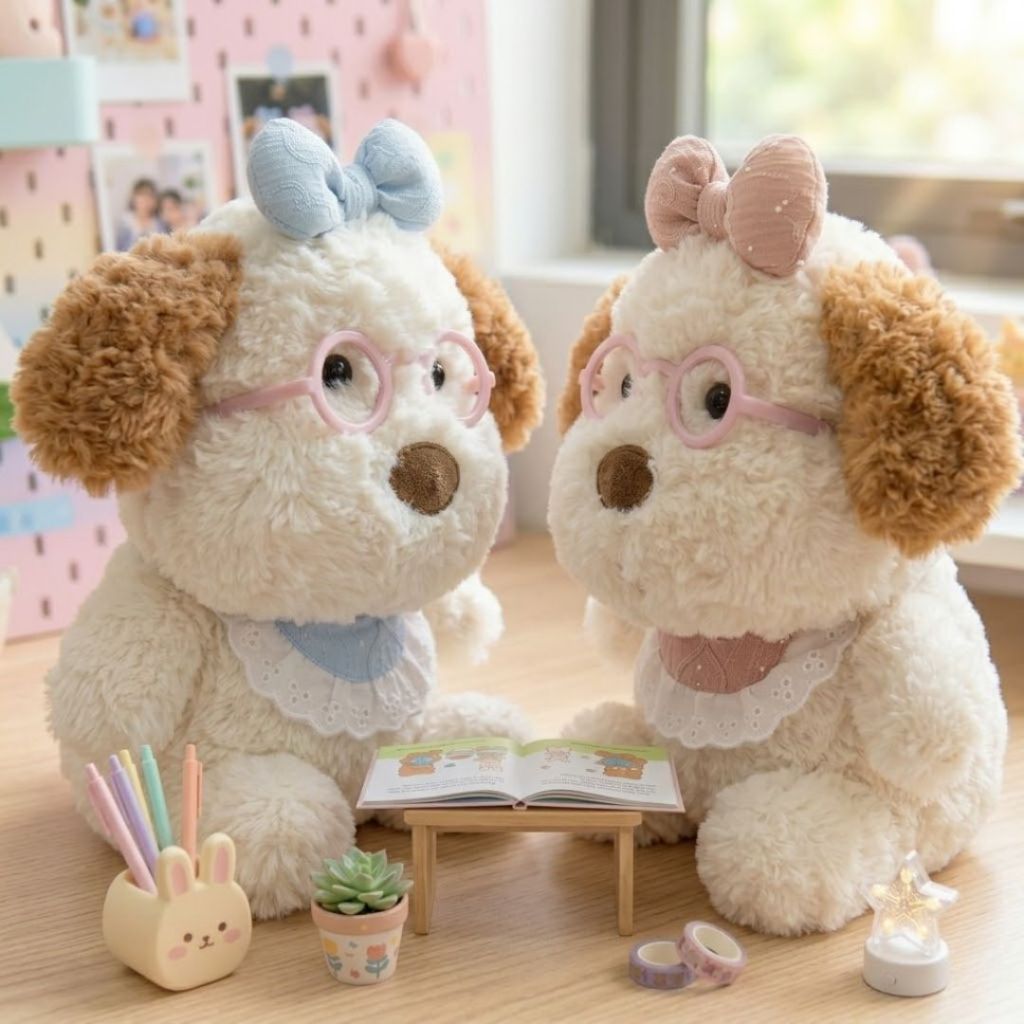 Chó Bông Đeo Kính Hồng Thắt Nơ Cute, Gấu Bông Cún Con Tai Nâu Lông Xù Cao Cấp Thú Nhồi Bông Mini Đáng Yêu
