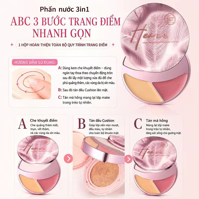 Cushion HEXZE 3in1 tích hợp chống nắng SPF50+, PA++++ Che Khuyết Điểm, Má Hồng Cushion Chống Nắng,trang điểm tự nhiên