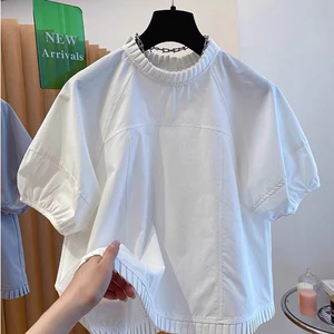 Áo kiểu nữ cổ xếp ly tay ngắn dáng rộng vải thô cotton có cúc sau lưng - Trắng/Xanh dương.T7.