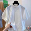 Áo kiểu nữ cổ xếp ly tay ngắn dáng rộng vải thô cotton có cúc sau lưng - Trắng/Xanh dương.T7.