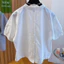 Áo kiểu nữ cổ xếp ly tay ngắn dáng rộng vải thô cotton có cúc sau lưng - Trắng/Xanh dương.T7.