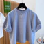 Áo kiểu nữ cổ xếp ly tay ngắn dáng rộng vải thô cotton có cúc sau lưng - Trắng/Xanh dương.T7.