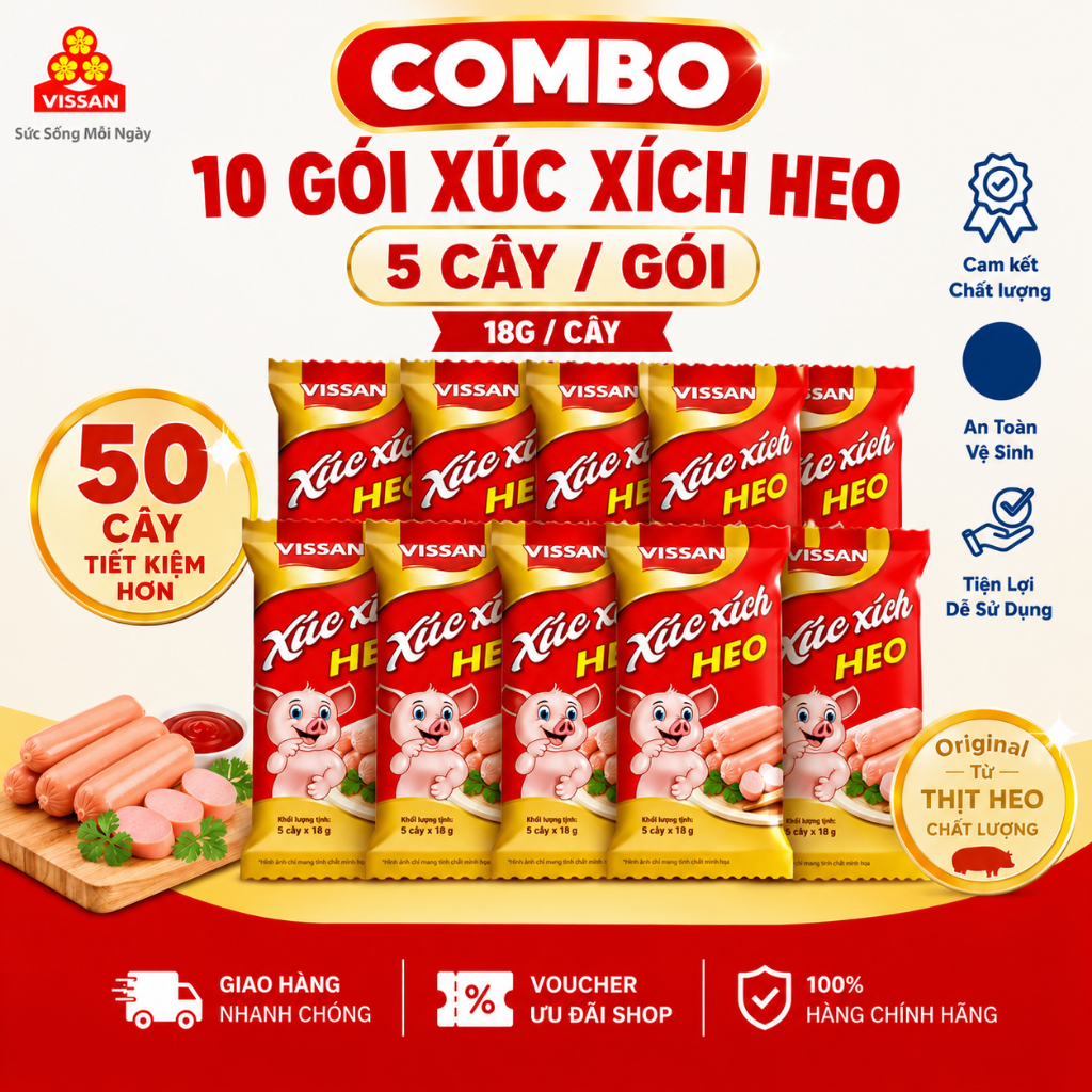 [Combo 10 gói] Xúc Xích Vissan Heo Gói 90g – 5 Cây x 18g – Ăn Liền Ngon – Hàng Chính Hãng