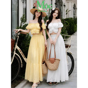 Set váy dài Tơ Nến tay bèo trễ vai dáng tiểu thư nhẹ nhàng mặc đi biển du lịch chụp ảnh xinh (QC)
