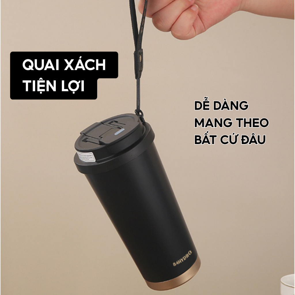 Ly giữ nhiệt tráng sứ cà phê chính hãng 84HYDRO, Đen, dung tích 500ml, kèm ống hút và khắc tên