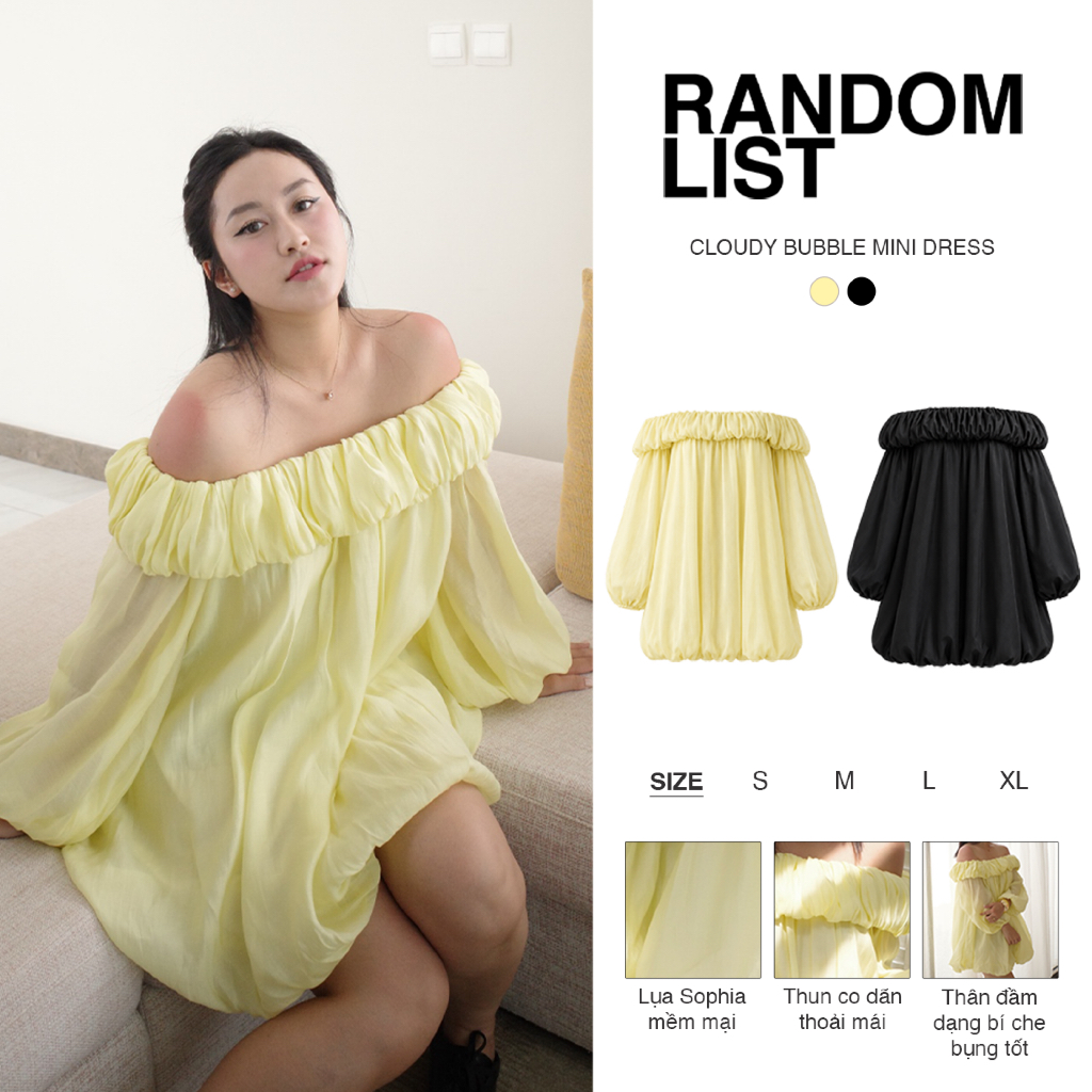 RANDOMLIST - Đầm trễ vai tay phồng nhún bèo phom rộng dáng ngắn thanh lịch - Cloudy Bubble Mini Dress