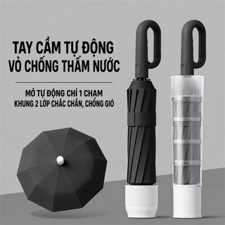 Ô Dù Tự Động Kèm Ống Đựng Chống Thấm | Ô Che Mưa Nắng Chống Tia UV Khung Kép Chống Gió Tay Cầm Chữ C