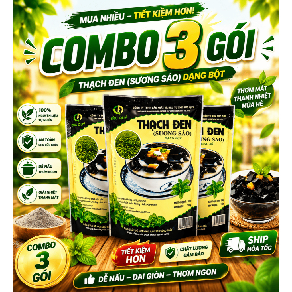 (Combo 3 gói) Bột Thạch Đen, Bột Sương Sáo Đức Quý Thanh Mát Giải Nhiệt, Organic & Halal, Dễ Làm Tại Nhà Túi 100gram - B