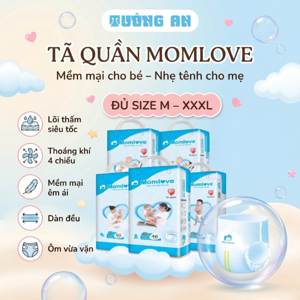 Tã Quần Trẻ Em MOMLOVE Lõi Thấm Siêu Tốc Thoáng Khí 4 Chiều Mềm Mại Êm Ái – Size M/L/XL/XXL/XXXL (40-54 miếng/gói)