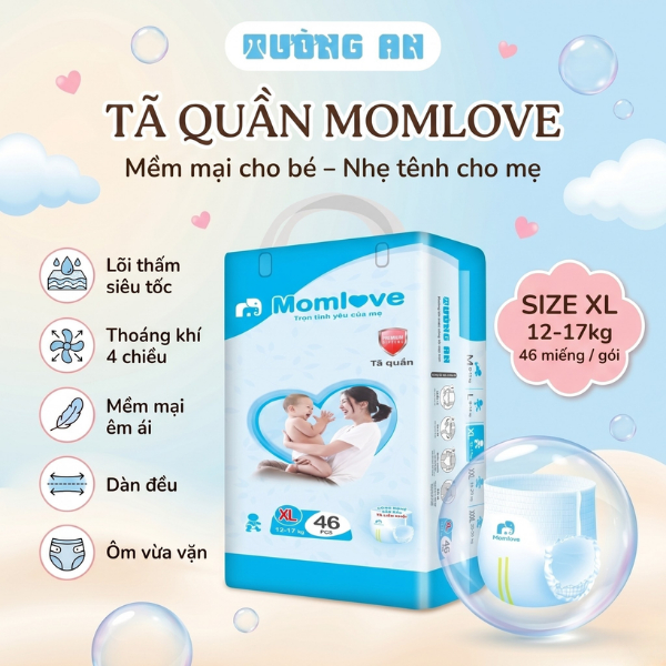 Tã Quần Trẻ Em MOMLOVE Lõi Thấm Siêu Tốc, Thoáng Khí 4 Chiều, Mềm Mại Êm Ái Size XL x46 miếng Cho Bé 12-17kg
