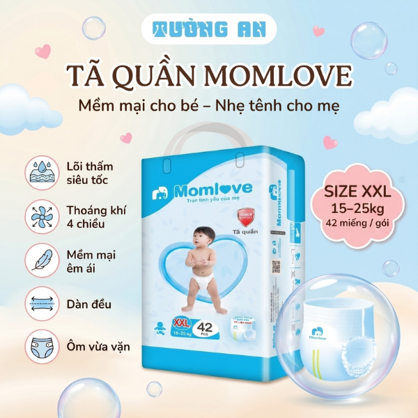 Tã Quần Trẻ Em MOMLOVE Lõi Thấm Siêu Tốc, Thoáng Khí 4 Chiều, Mềm Mại Êm Ái Size XXL x42 miếng Cho Bé 15-25kg