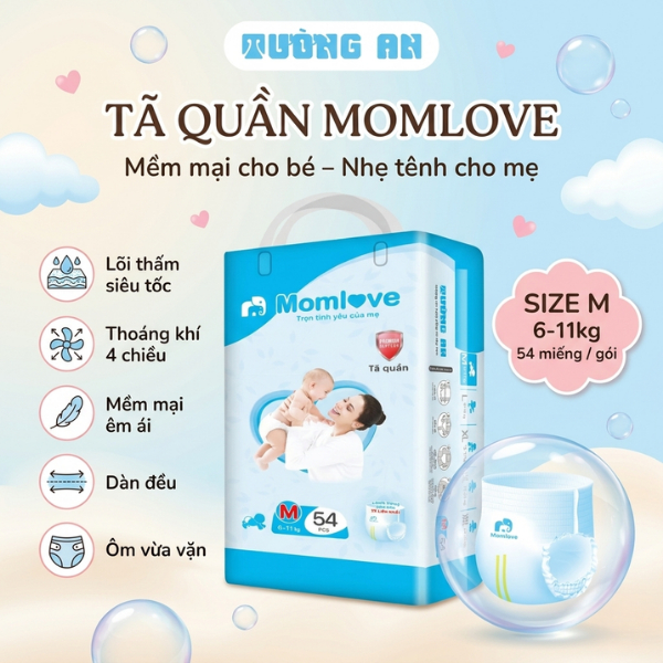 Tã Quần Trẻ Em MOMLOVE Lõi Thấm Siêu Tốc, Thoáng Khí 4 Chiều, Mềm Mại Êm Ái Size M x54 miếng Cho Bé 6-11kg