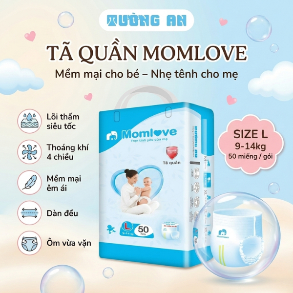 Tã Quần Trẻ Em MOMLOVE Lõi Thấm Siêu Tốc, Thoáng Khí 4 Chiều, Mềm Mại Êm Ái Size L x50 miếng Cho Bé 9-14kg