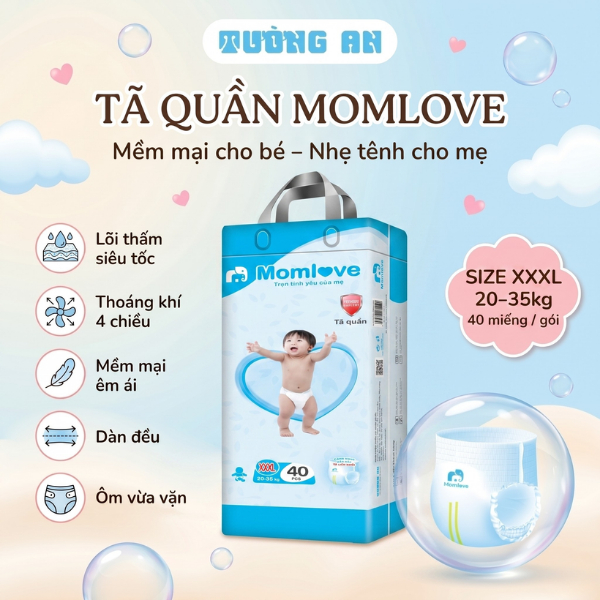 Tã Quần Trẻ Em MOMLOVE Lõi Thấm Siêu Tốc, Thoáng Khí 4 Chiều, Mềm Mại Êm Ái Size XXXL x40 miếng Cho Bé 19-24kg