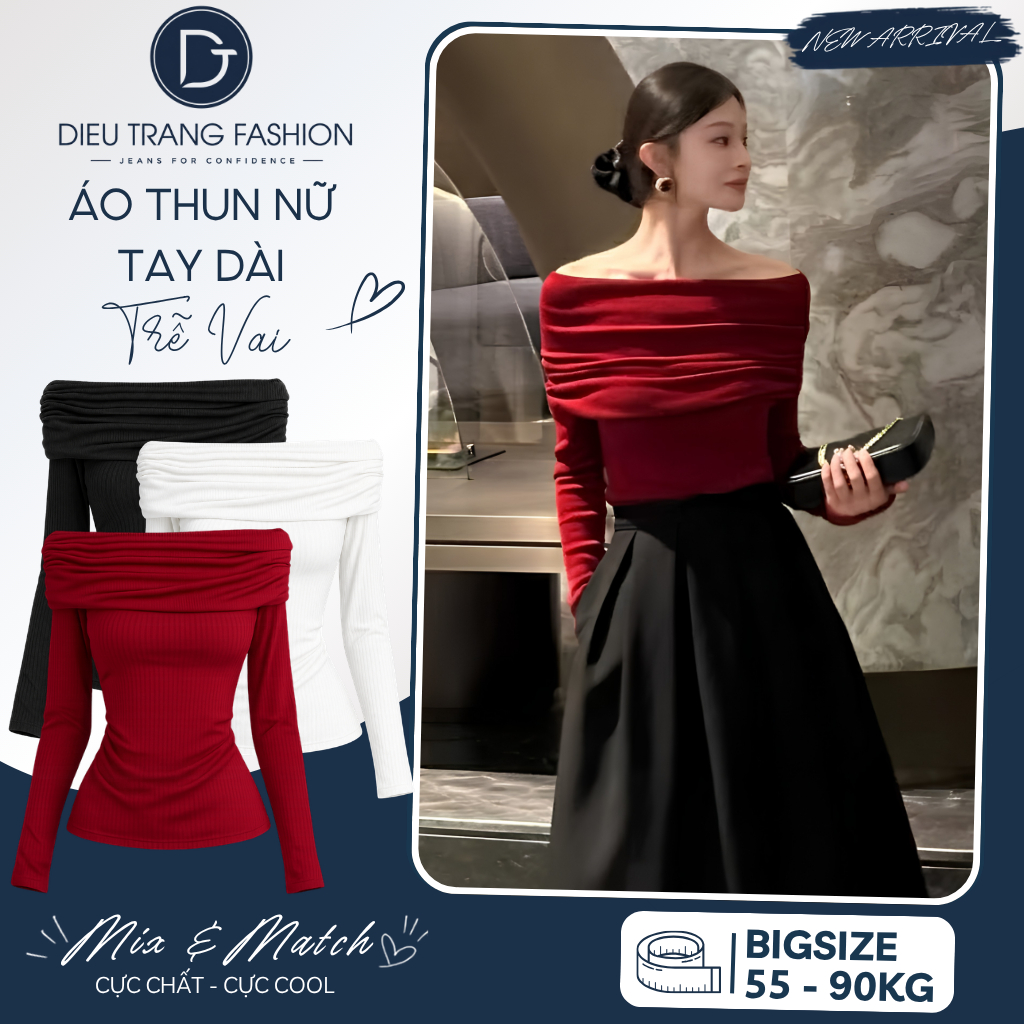 Áo Trễ Vai Nữ Tay Dài Bigsize 55-90Kg Chất Thun Gân Tăm Co Giãn Tôn Dáng AT84 Dieu Trang Fashion