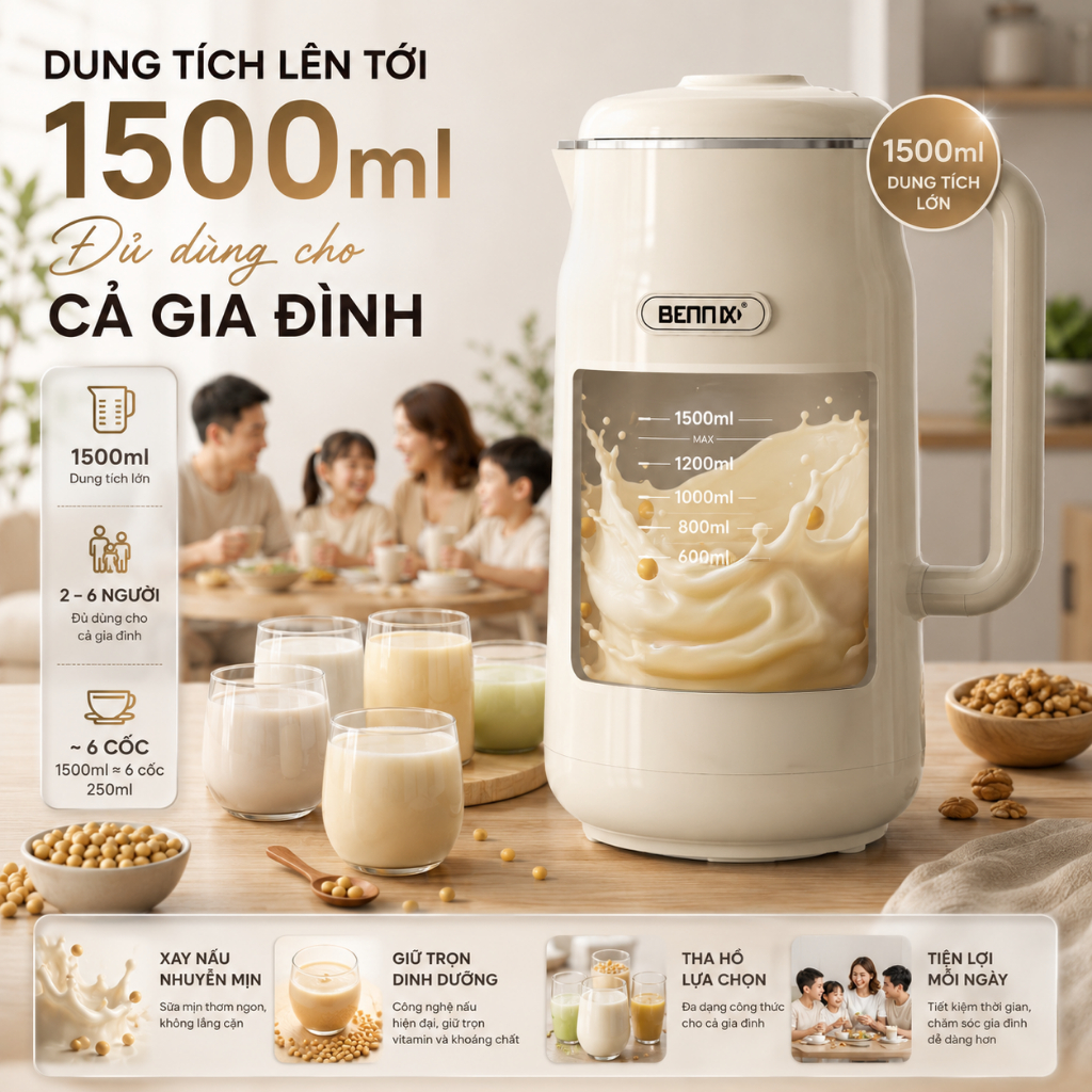 Máy xay sữa hạt đa năng Bennix BN-826K, dung tích 1.5L, nhanh chóng, tiện lợi, chính hãng