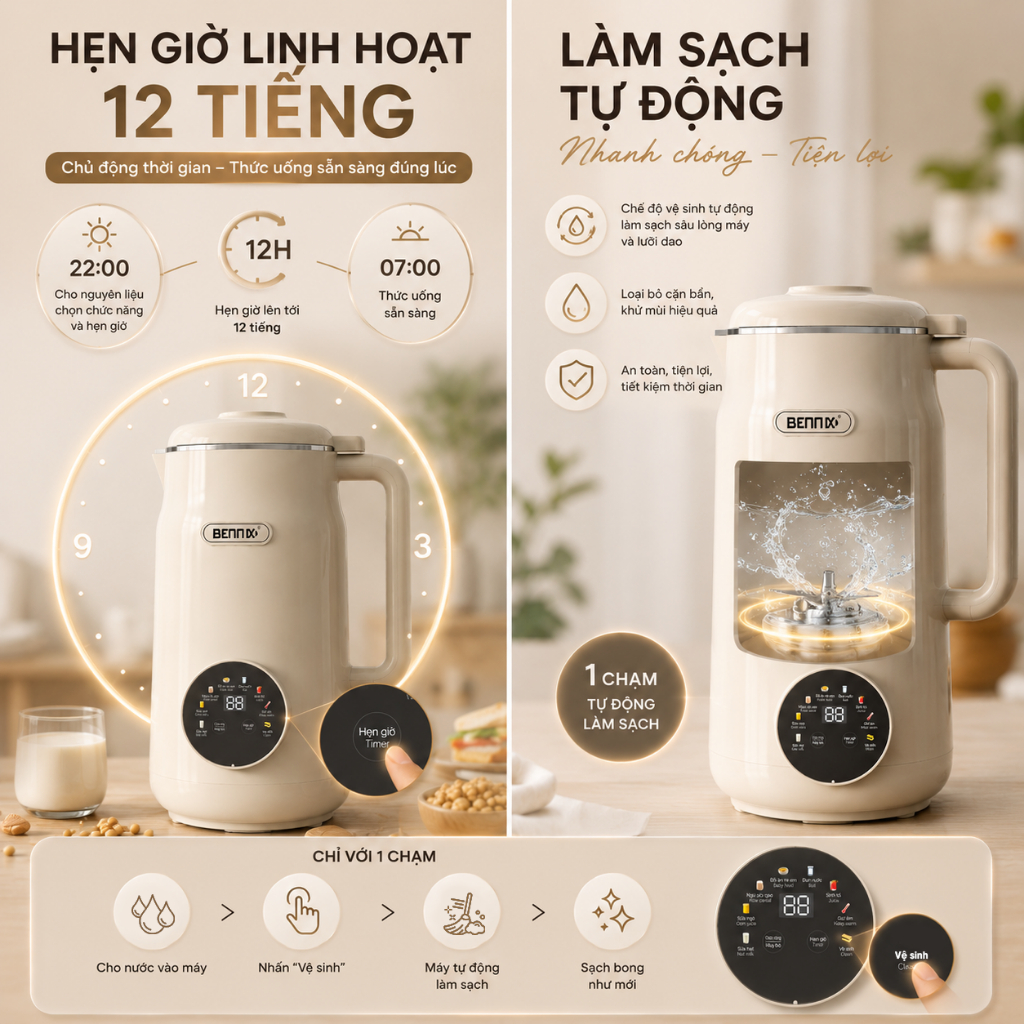 Máy xay sữa hạt đa năng Bennix BN-826K, dung tích 1.5L, nhanh chóng, tiện lợi, chính hãng